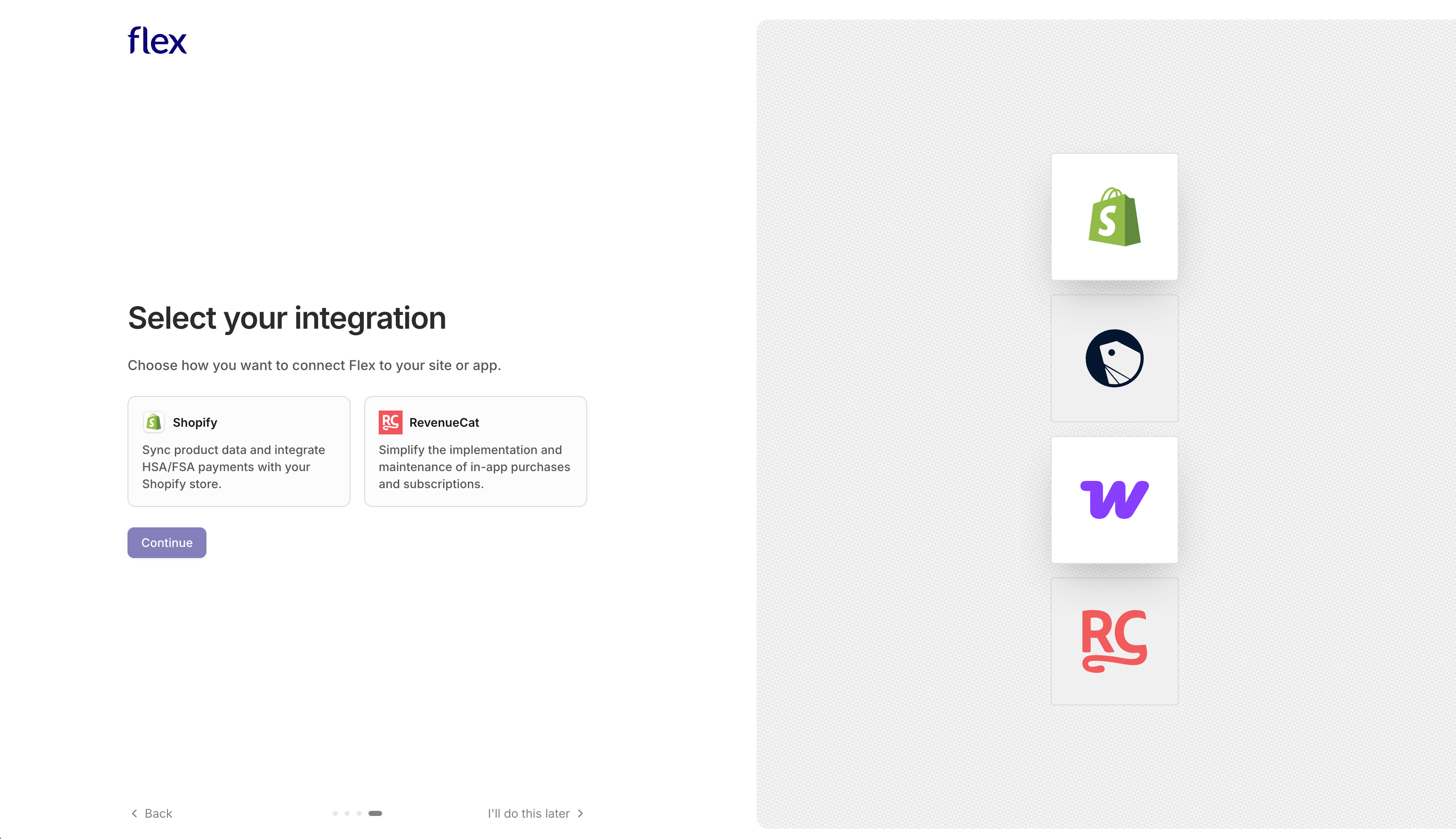 Flex integration selection screen with available integration options and a Continue button