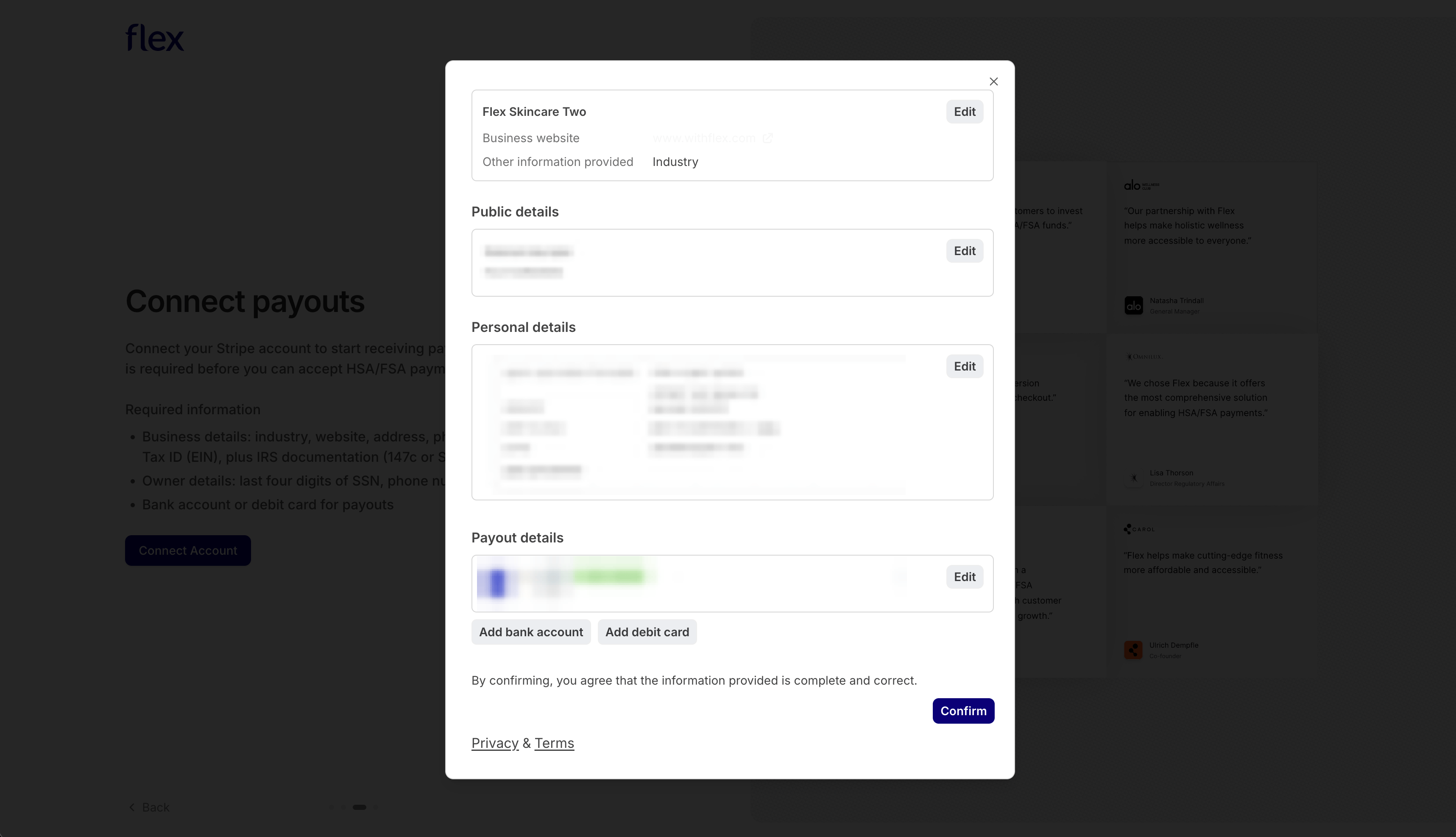 Stripe review screen for adding a bank account or debit card and confirming payout details