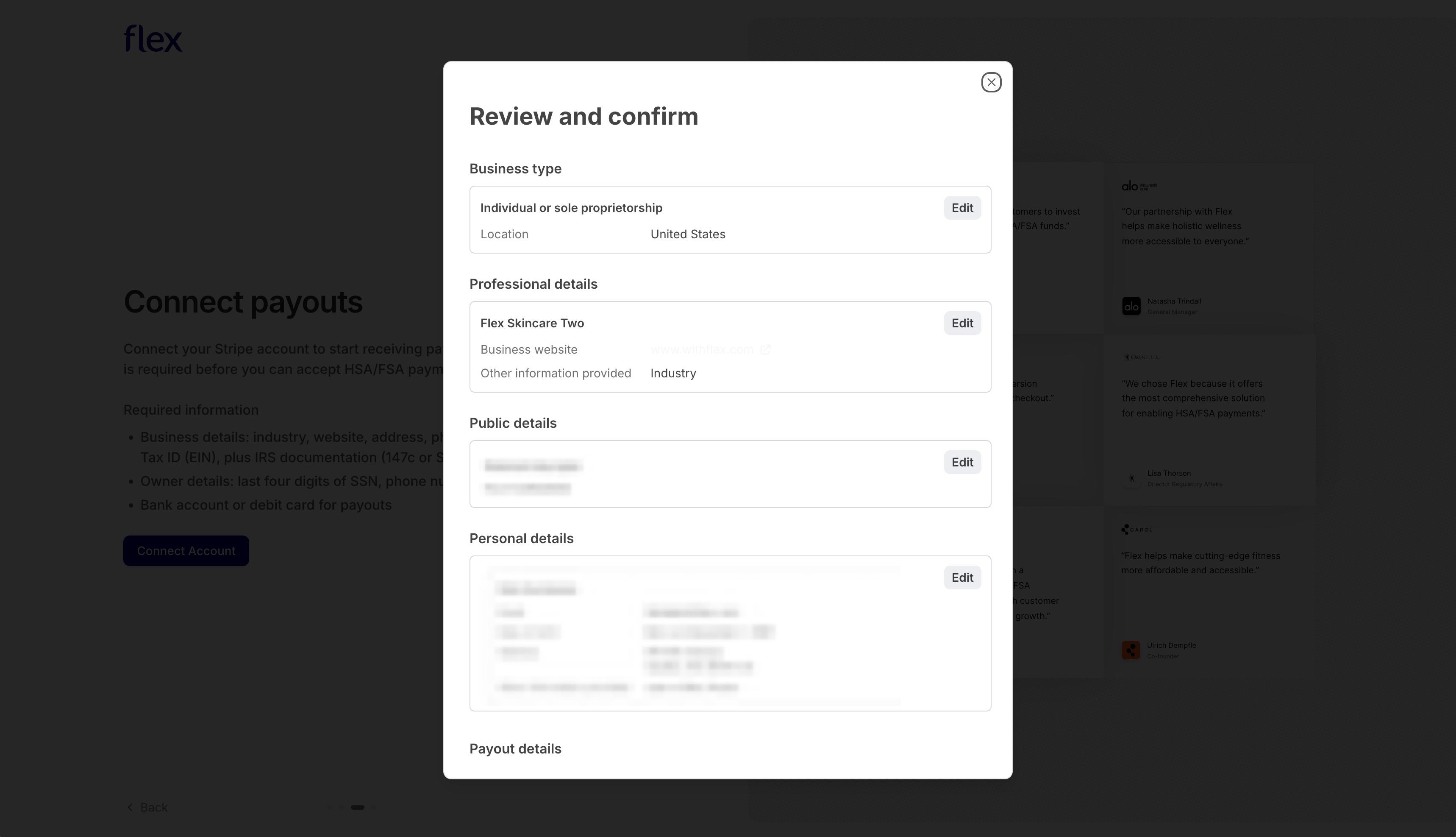 Stripe onboarding form for entering business, owner, and payout details
