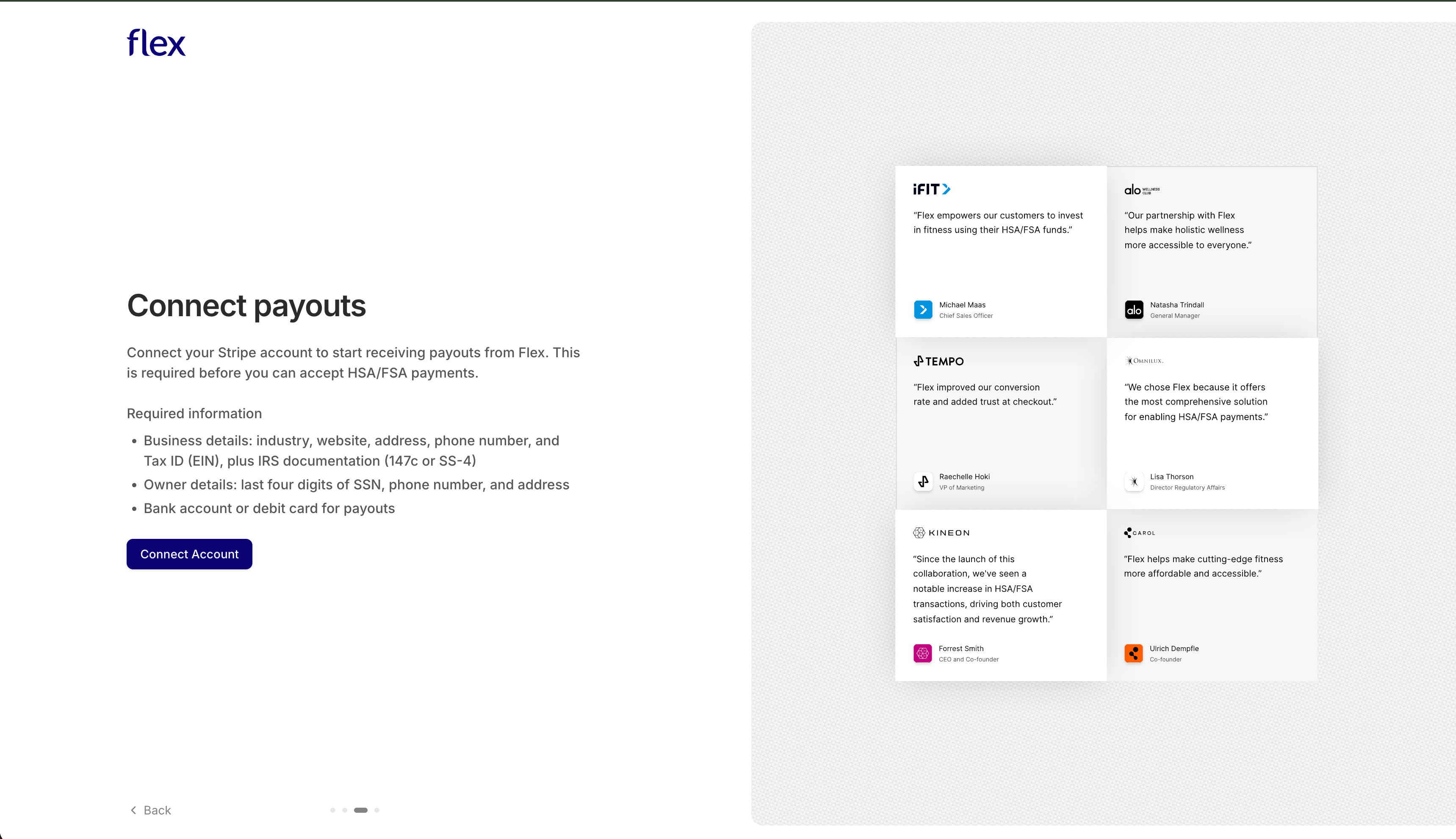 Flex payouts step showing a Connect Account button that opens the Stripe onboarding popup