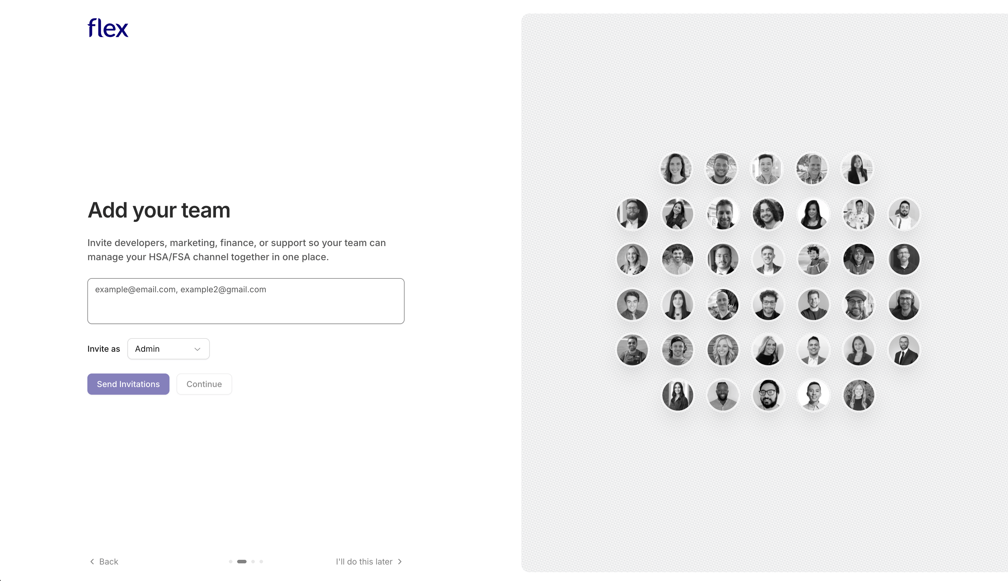 Add your team screen with fields for teammate email addresses, an Invite as role selector, and a Send Invitations button