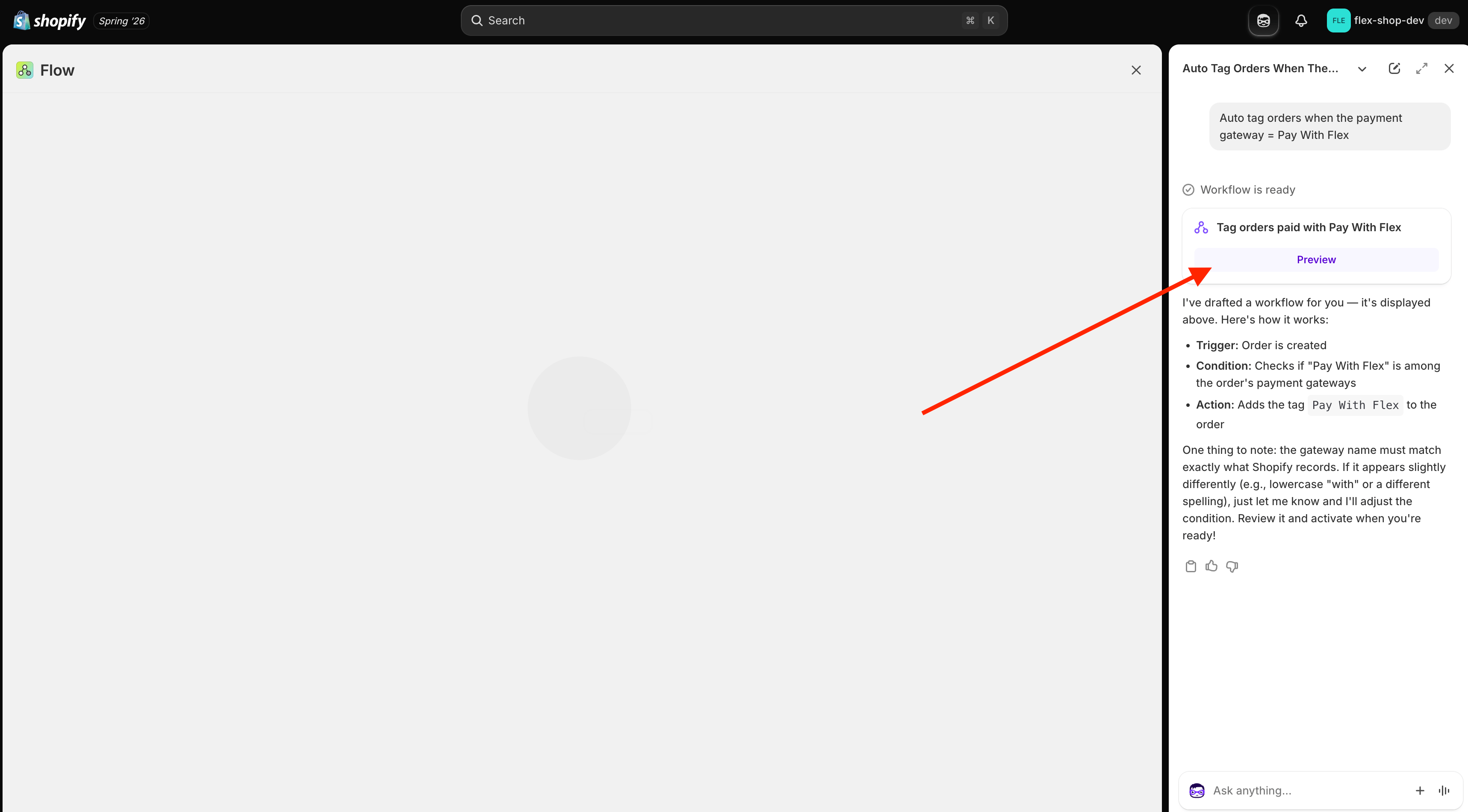 Previewing the generated workflow in Shopify Flow