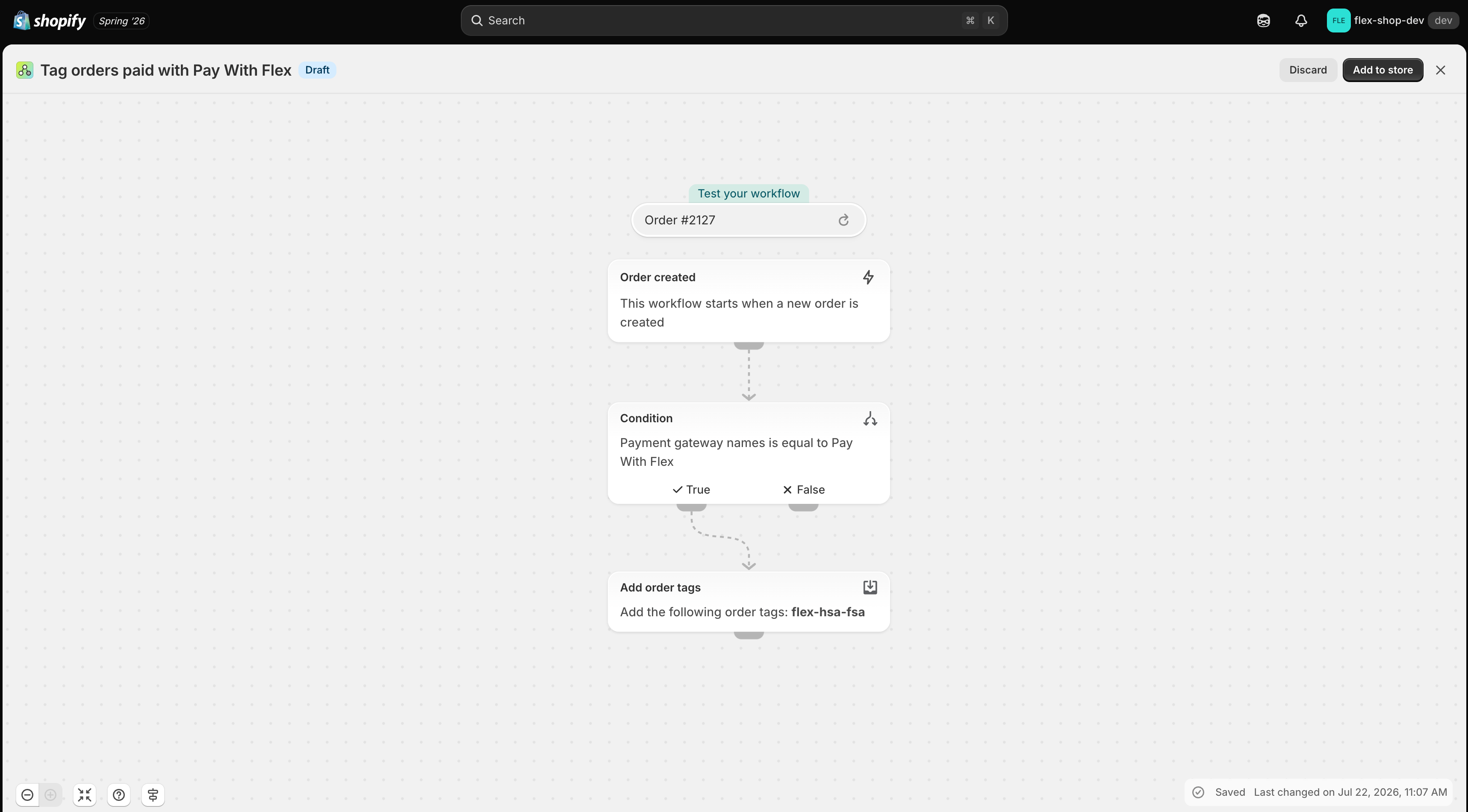 The Shopify Flow workflow steps: order created trigger, payment gateway condition, and add order tags action