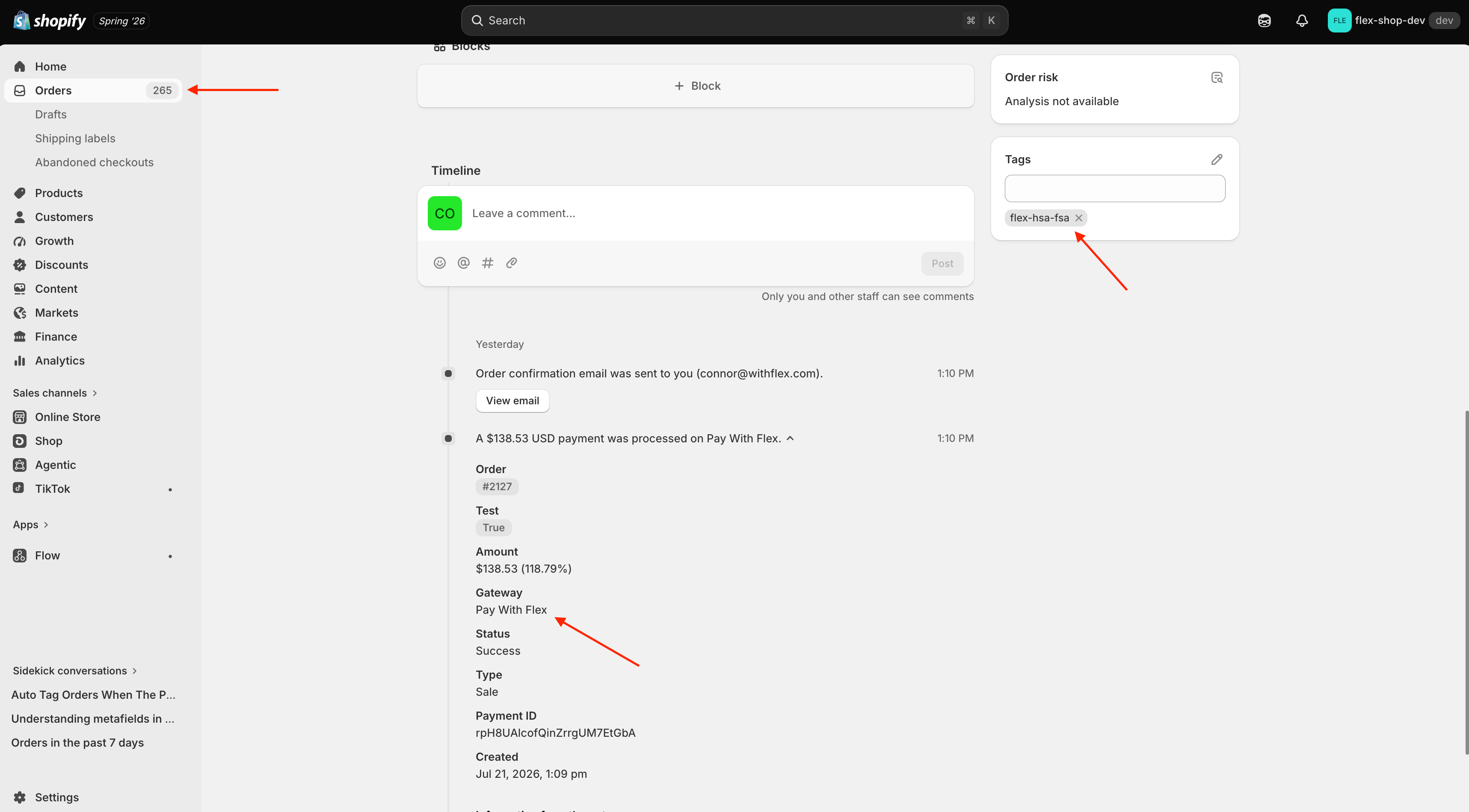 A Flex order in the Shopify admin showing the auto-applied tag