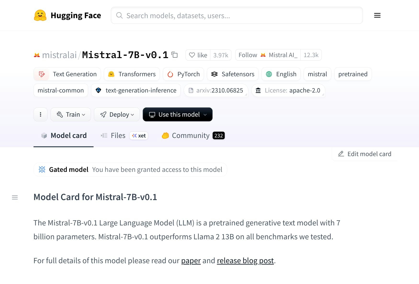 Mistral-7B-v0.1 model page on Hugging Face Hub: After being granted access