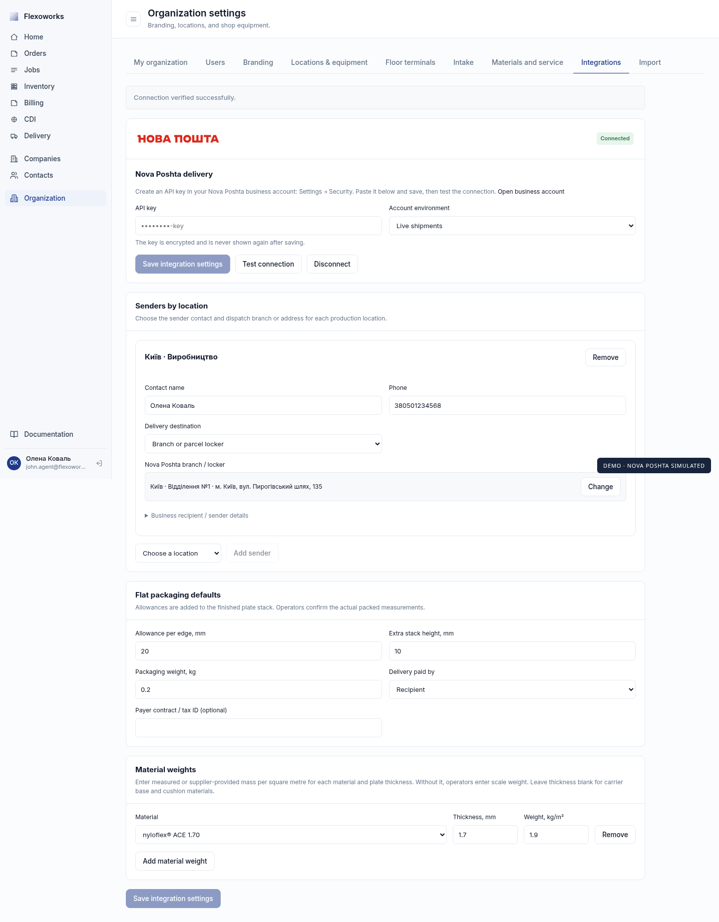 Nova Poshta integration with masked API key, sender settings, and material weights