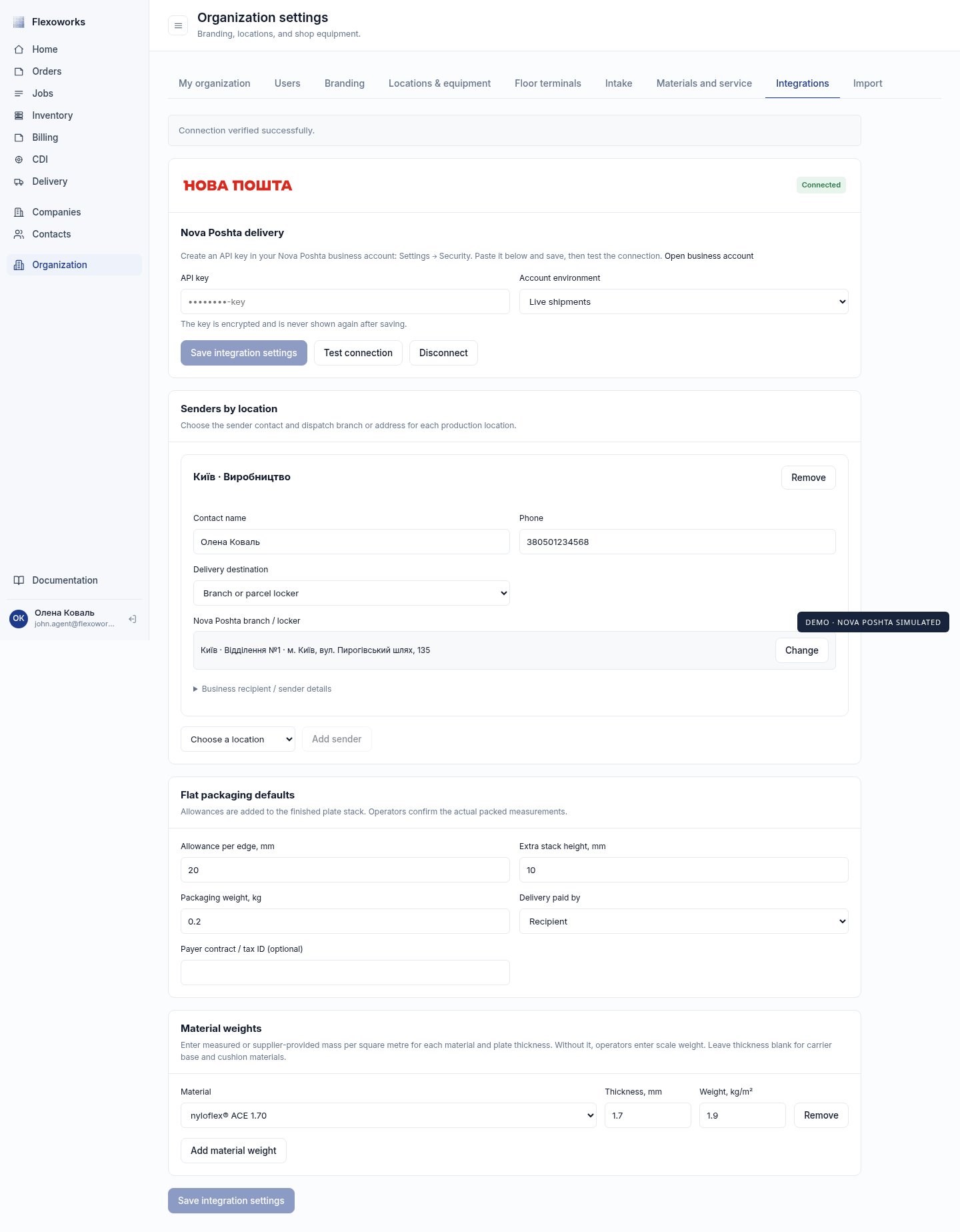 Nova Poshta integration with masked API key, sender settings, and material weights