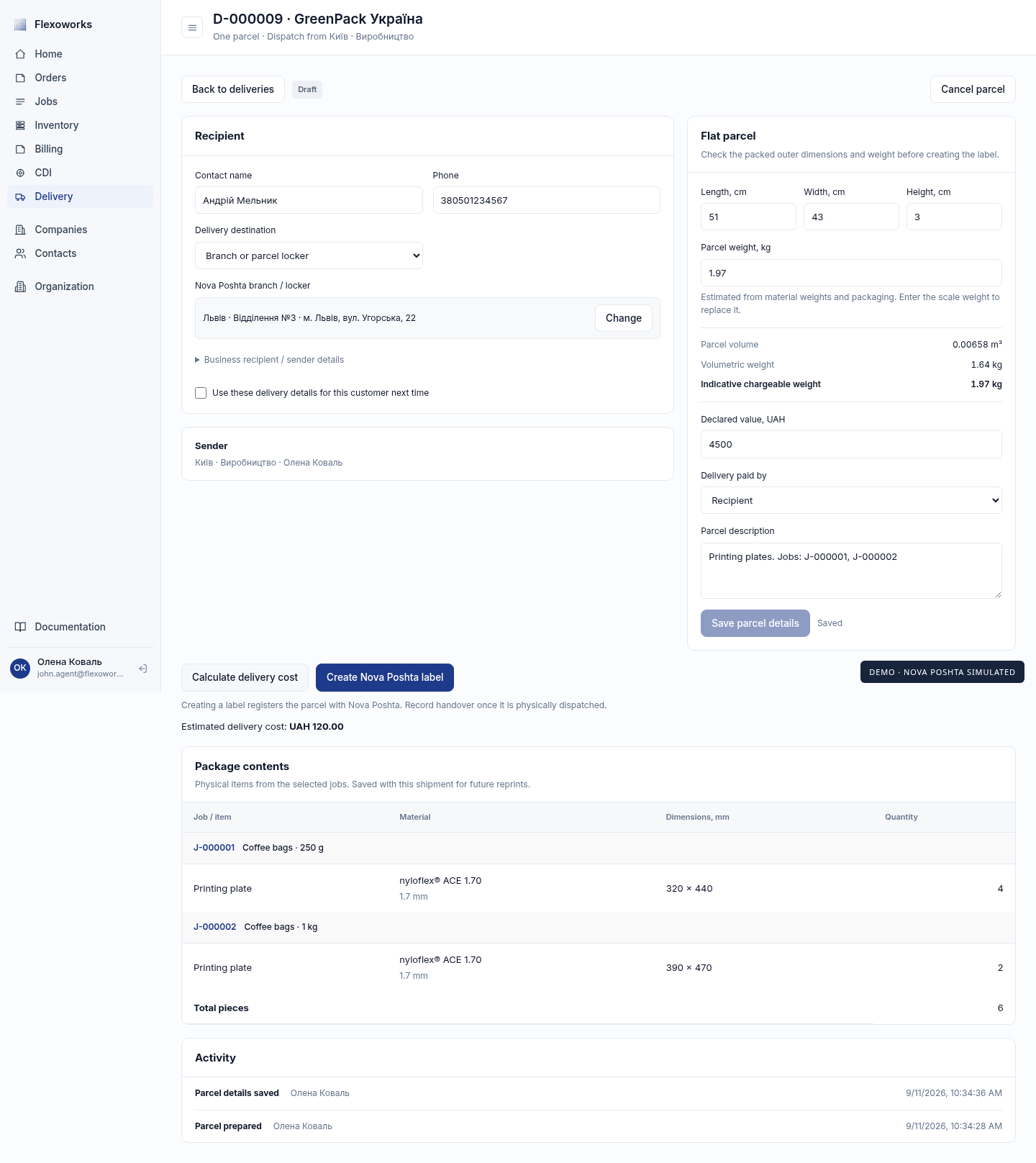 Flat parcel form with calculated measurements and multiple jobs in its contents