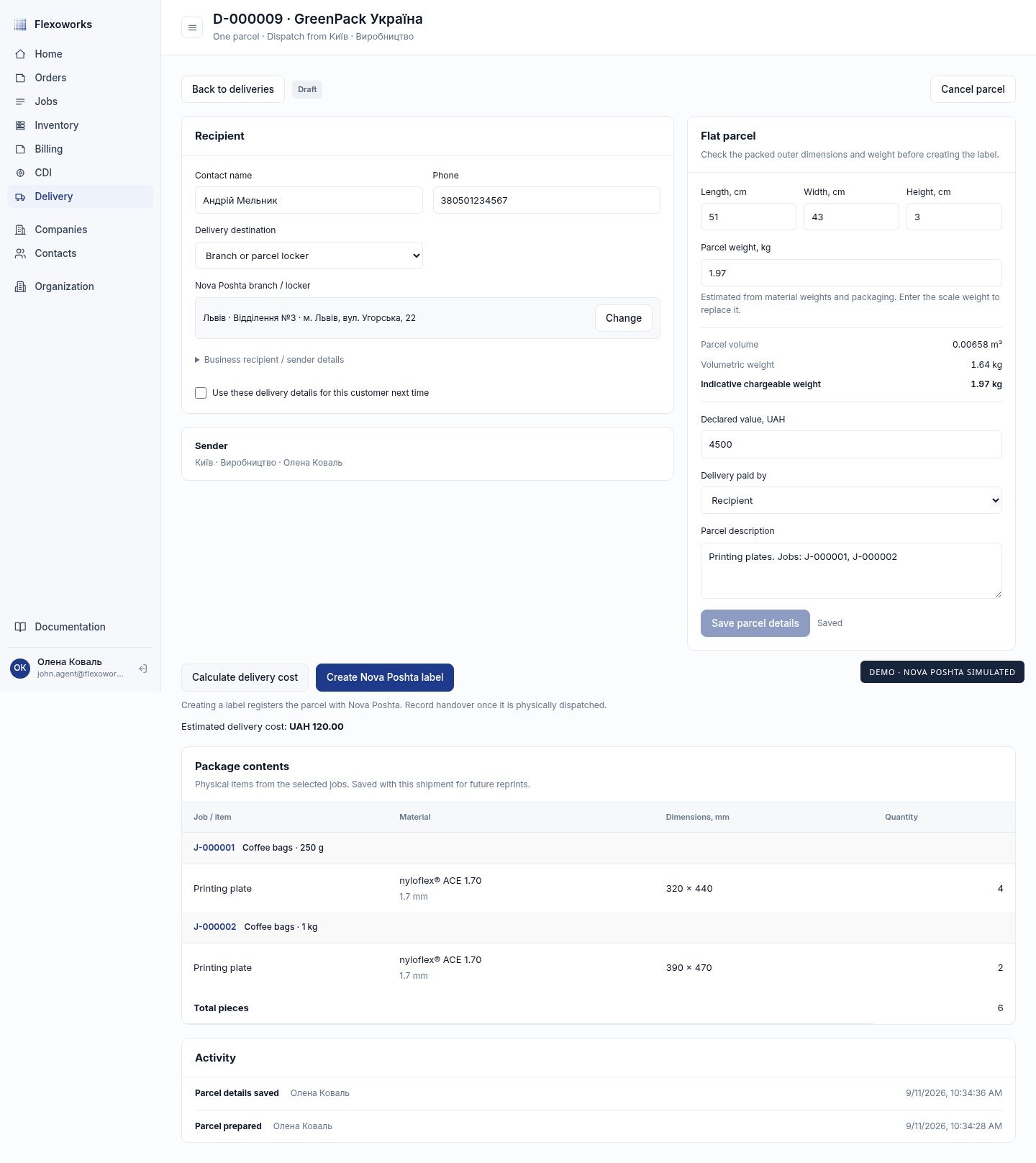 Flat parcel form with calculated measurements and multiple jobs in its contents