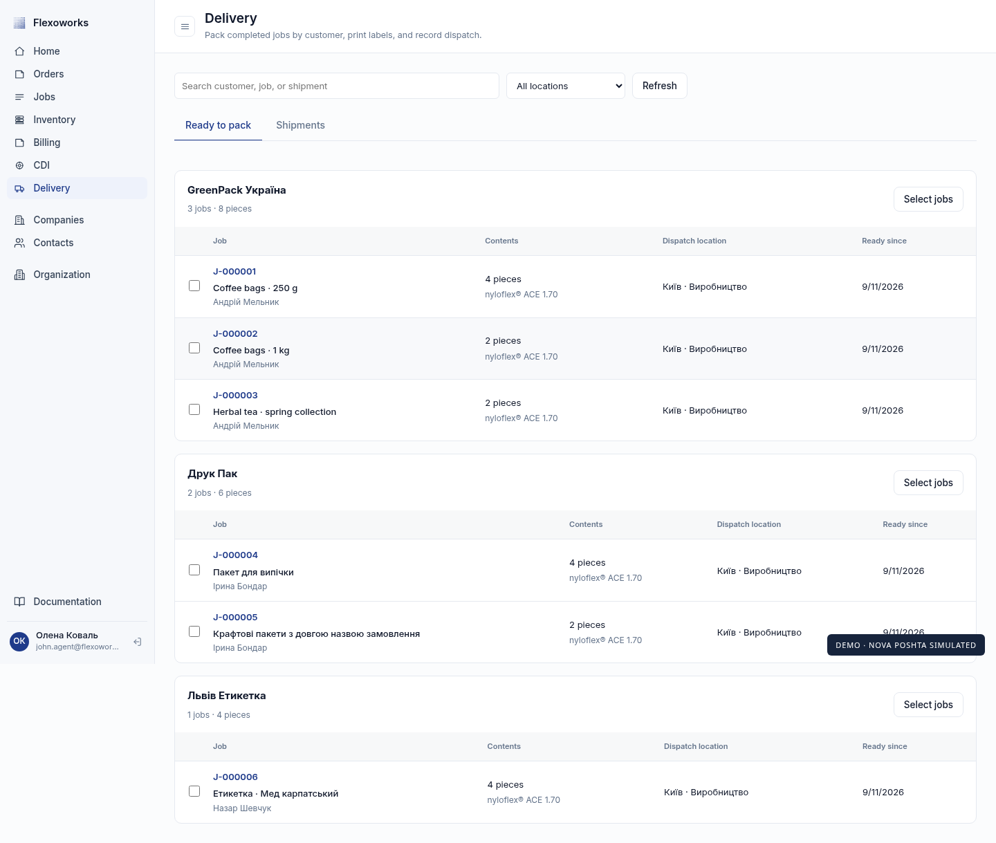 Delivery worklist with completed jobs grouped by customer