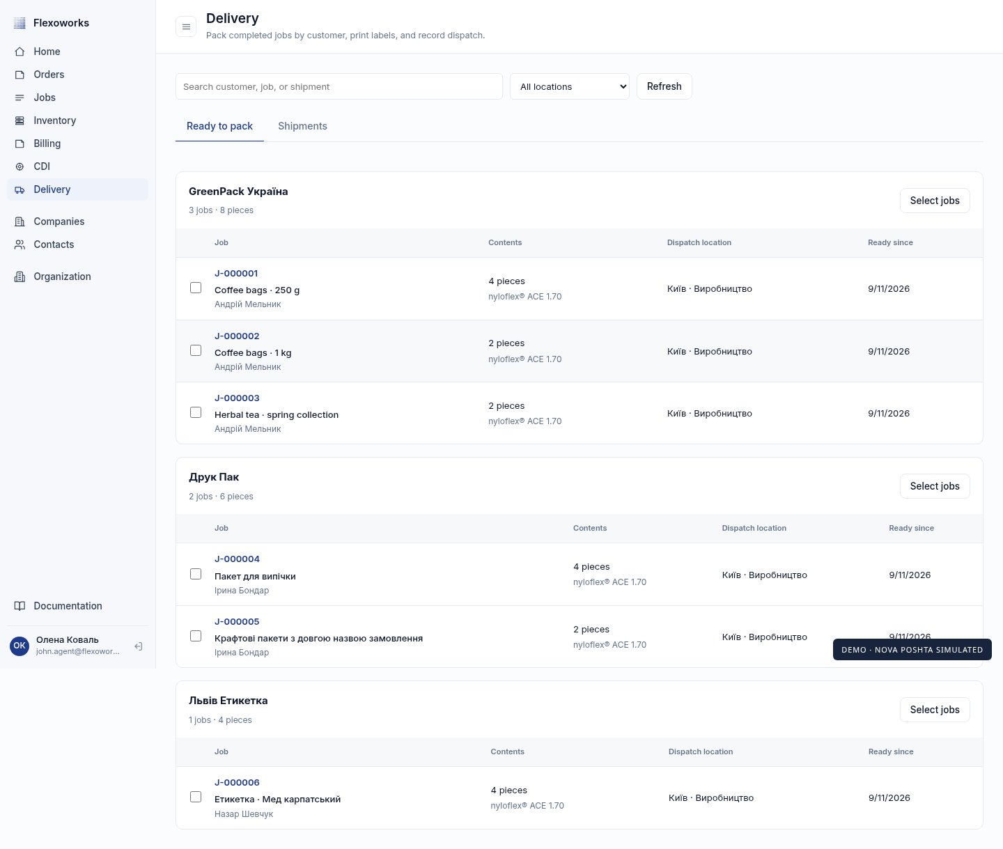 Delivery worklist with completed jobs grouped by customer