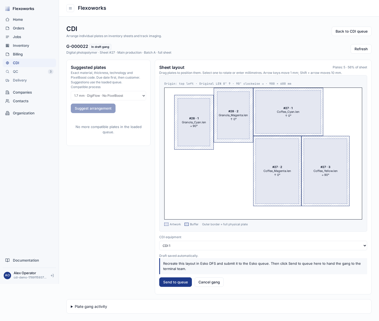 CDI draft sheet with individual plates, hatched buffer, automatic save status, and Send to queue