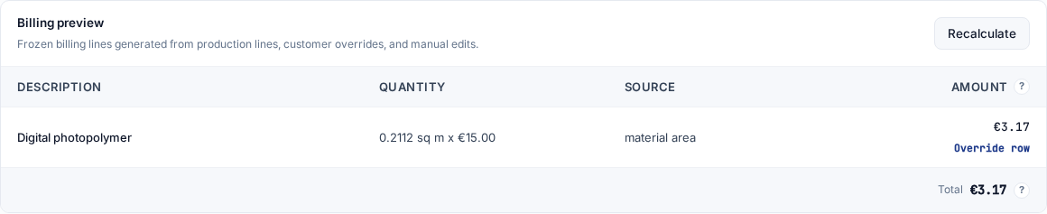 English Billing preview with a material cost row generated from a production line
