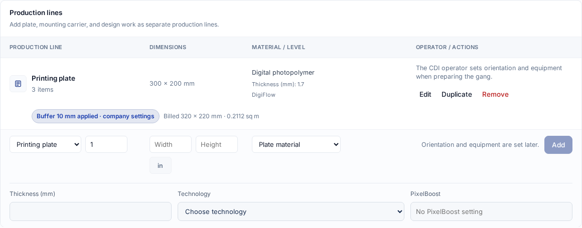 English Production lines table focused on the Edit, Duplicate, and Remove actions
