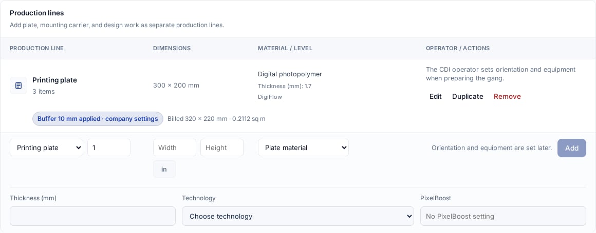 English Production lines table focused on the Edit, Duplicate, and Remove actions