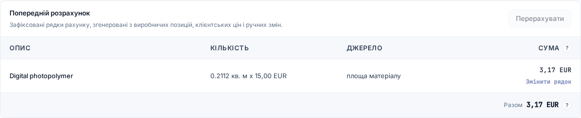 Український розділ «Попередній розрахунок» із рядком вартості матеріалу, створеним із виробничої позиції