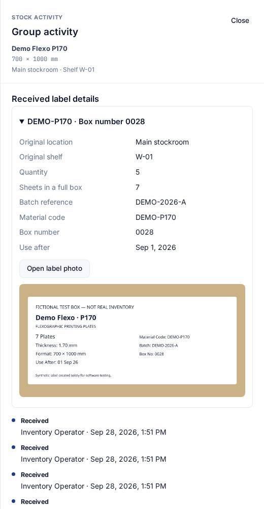 English receipt details for box 0028 showing 5 received sheets, 7 in the full box, original location and shelf, batch, code, date and saved photo