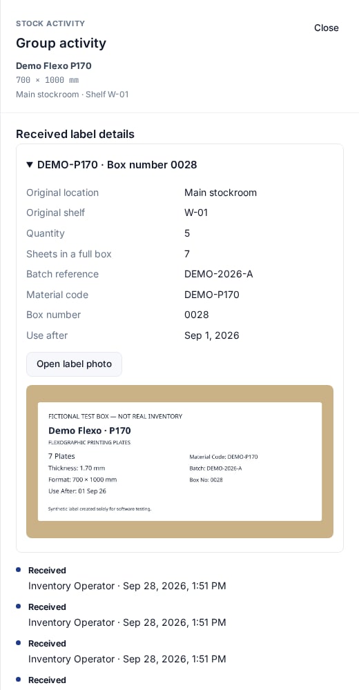 English receipt details for box 0028 showing 5 received sheets, 7 in the full box, original location and shelf, batch, code, date and saved photo