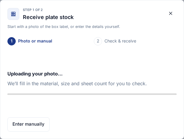 English label-analysis progress screen with an Enter manually button