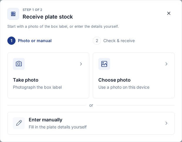 English first receiving step with Take photo, Choose photo and Enter manually