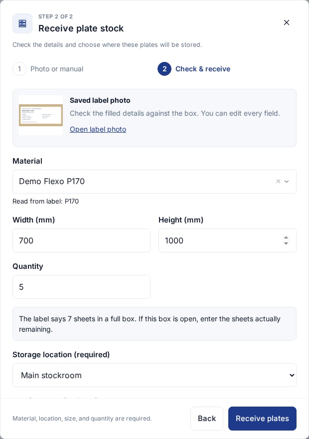 English photo-filled receiving form with the saved label, material, dimensions and actual quantity of 5 sheets