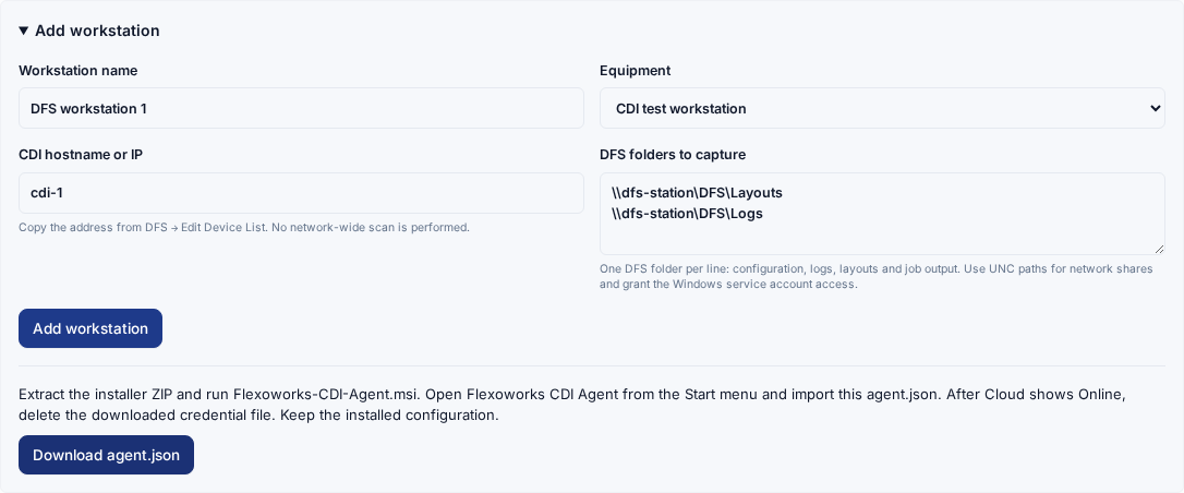 English workstation form showing Download agent.json and MSI installation instructions