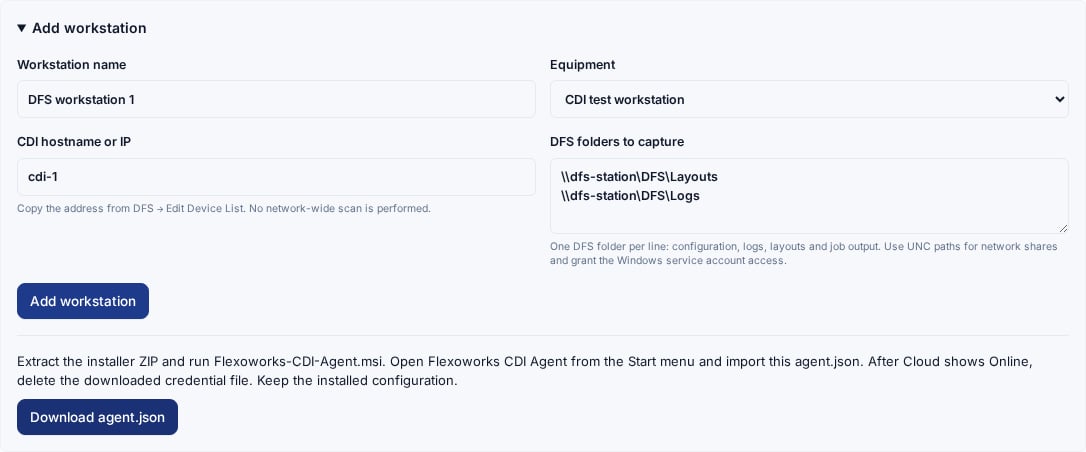 English workstation form showing Download agent.json and MSI installation instructions