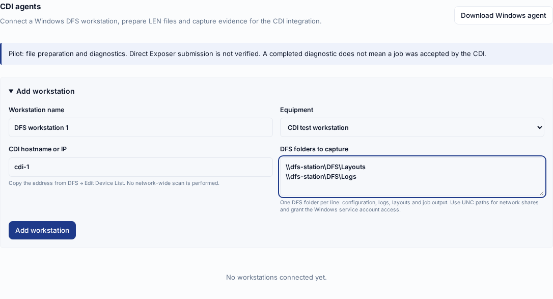 English CDI agents screen with the Windows download button and a completed Add workstation form