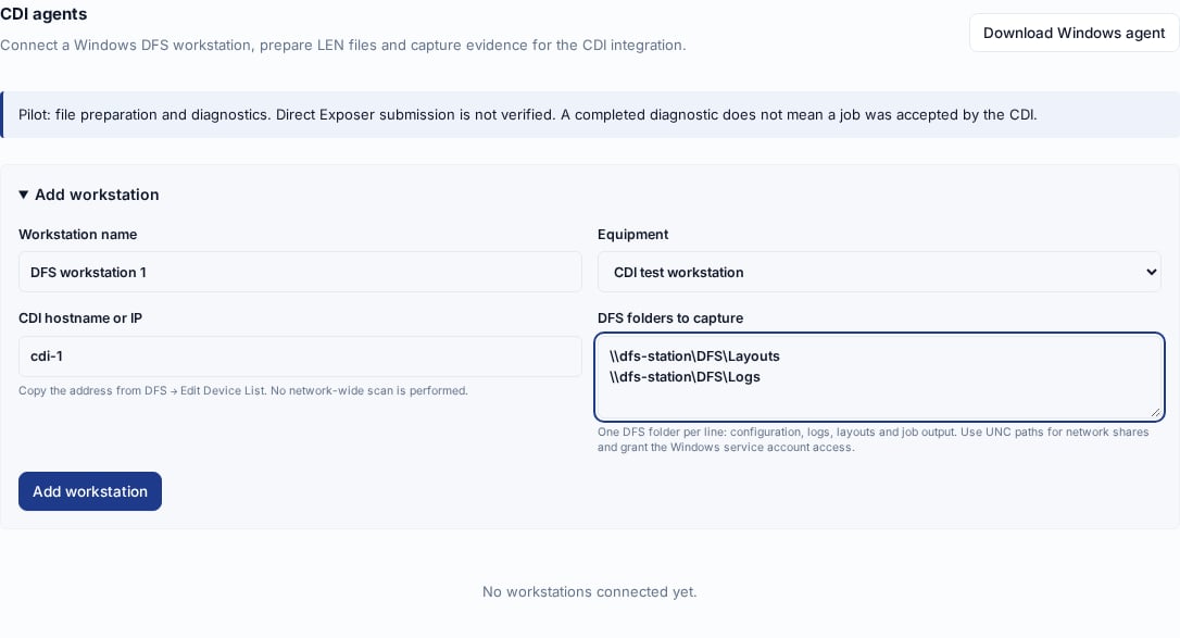 English CDI agents screen with the Windows download button and a completed Add workstation form