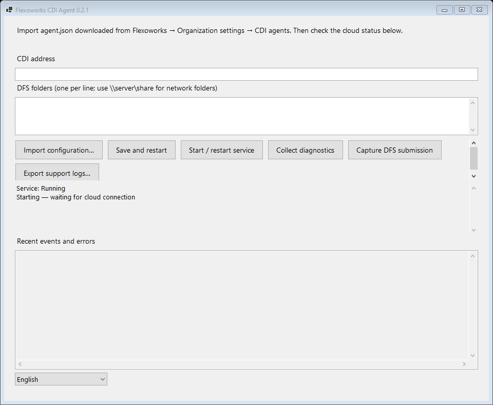 English Flexoworks CDI Agent 0.2.1 window with configuration import, CDI address, DFS folders, status, and support log controls
