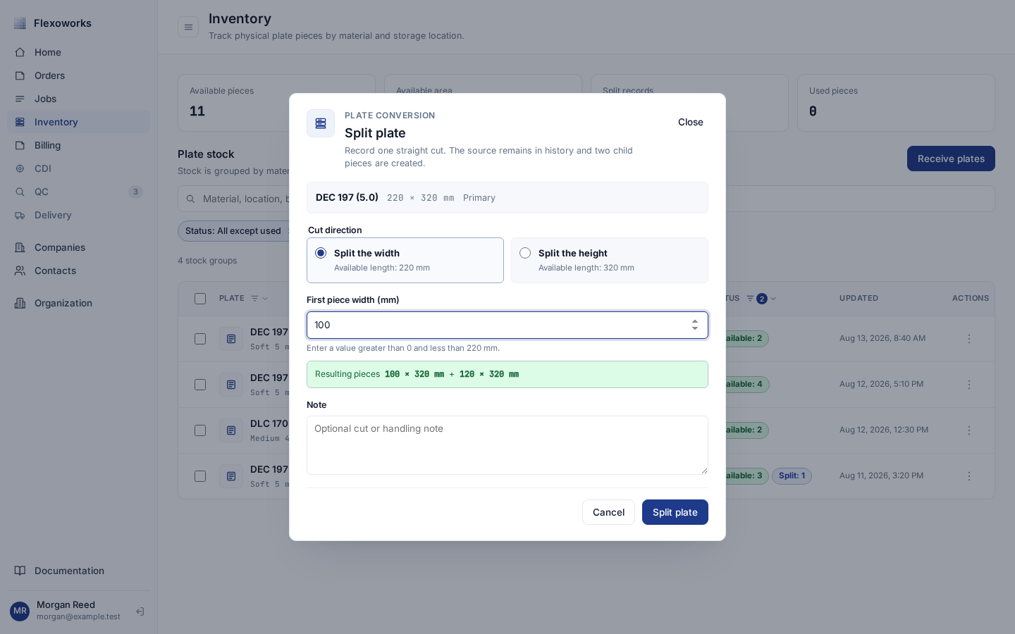 English Split plate dialog previewing two resulting physical sizes