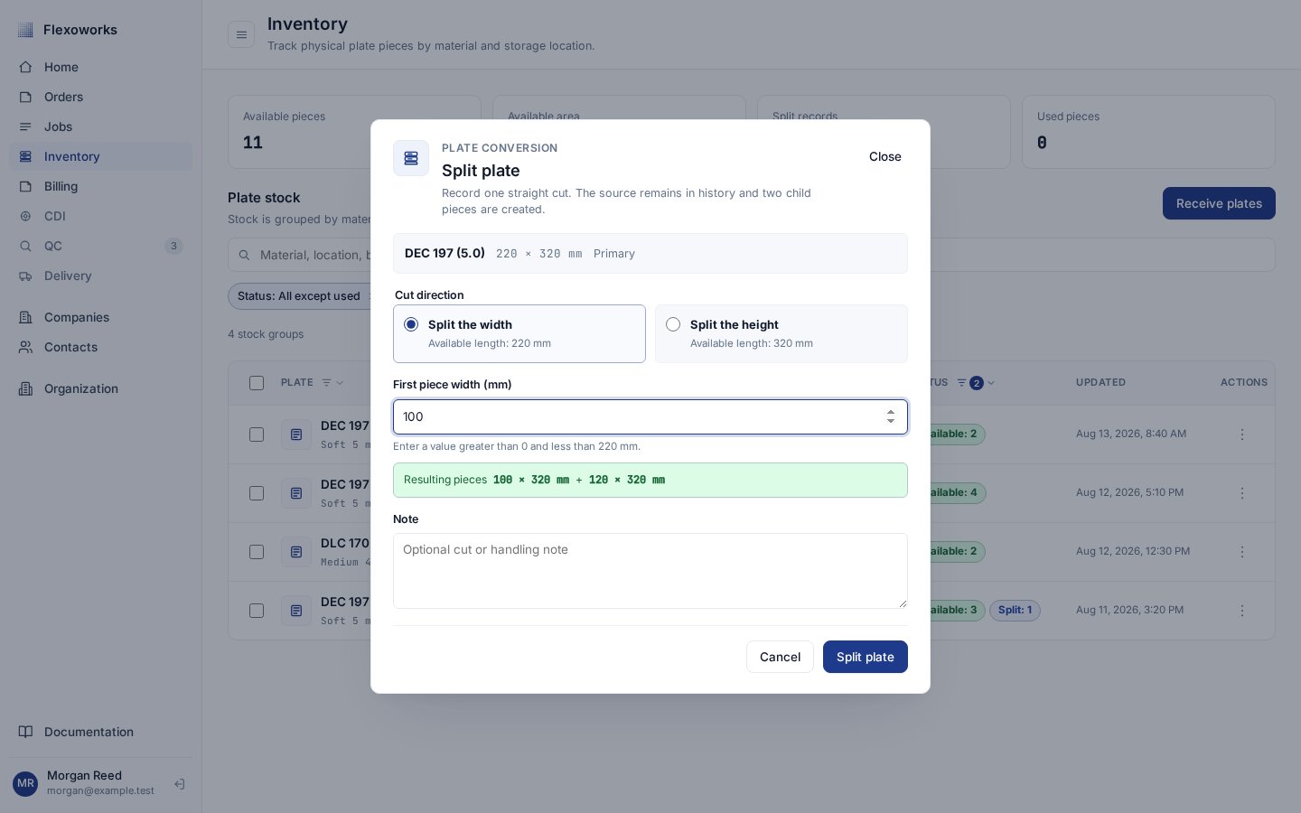 English Split plate dialog previewing two resulting physical sizes