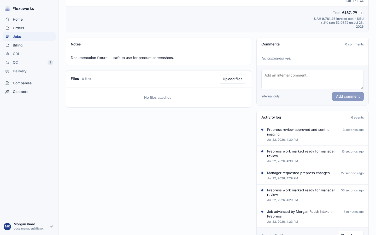 Job Activity log showing submitted, changes requested, resubmitted, and approved review events