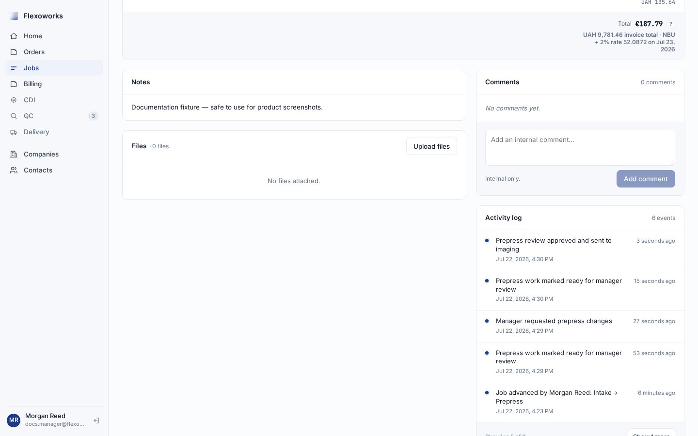 Job Activity log showing submitted, changes requested, resubmitted, and approved review events