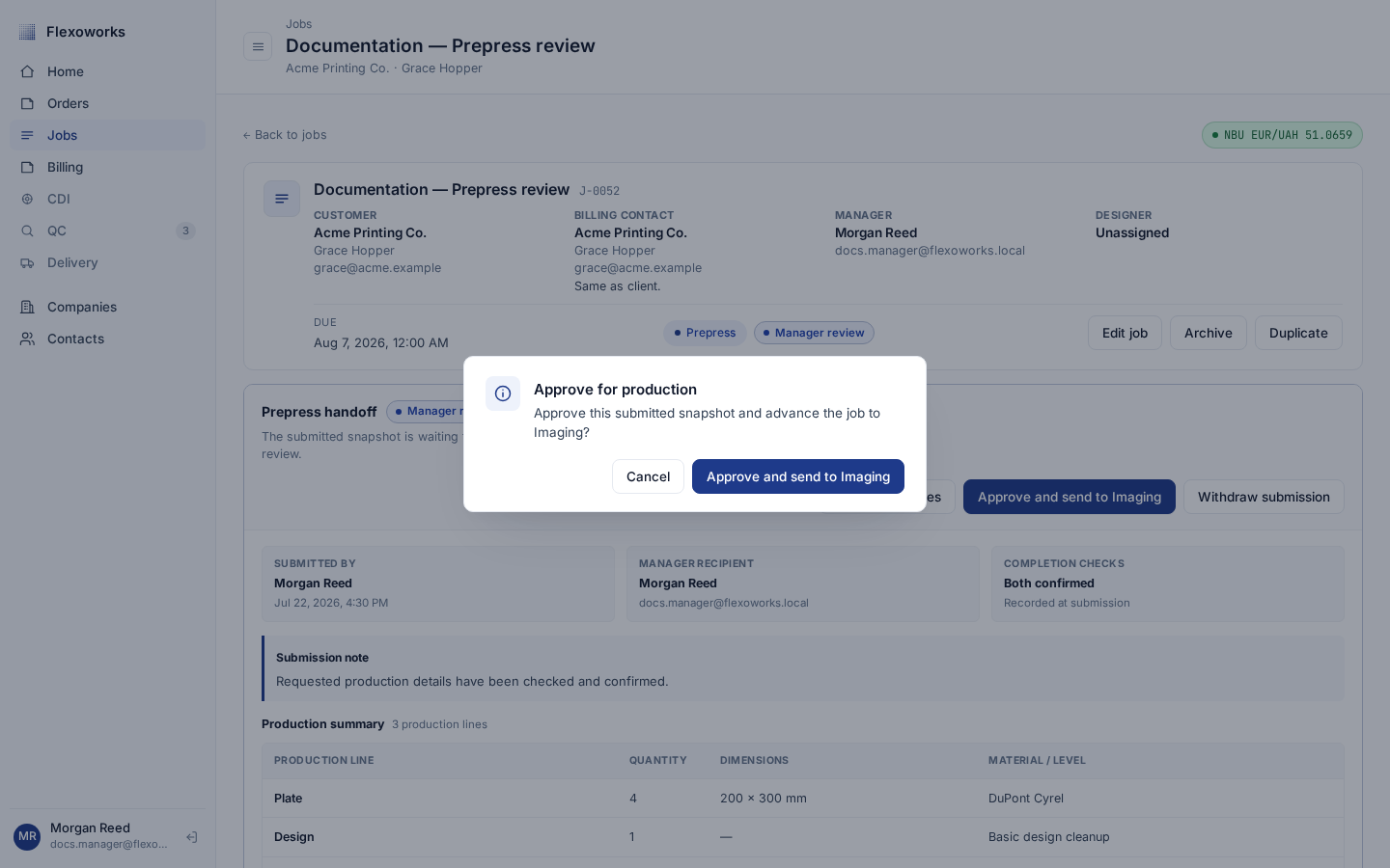 Approve for production confirmation dialog that sends the job to Imaging