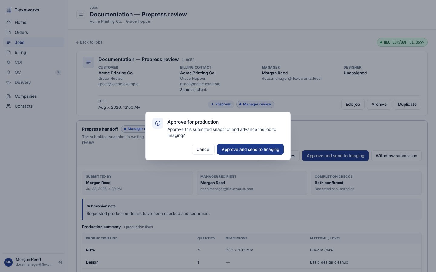 Approve for production confirmation dialog that sends the job to Imaging