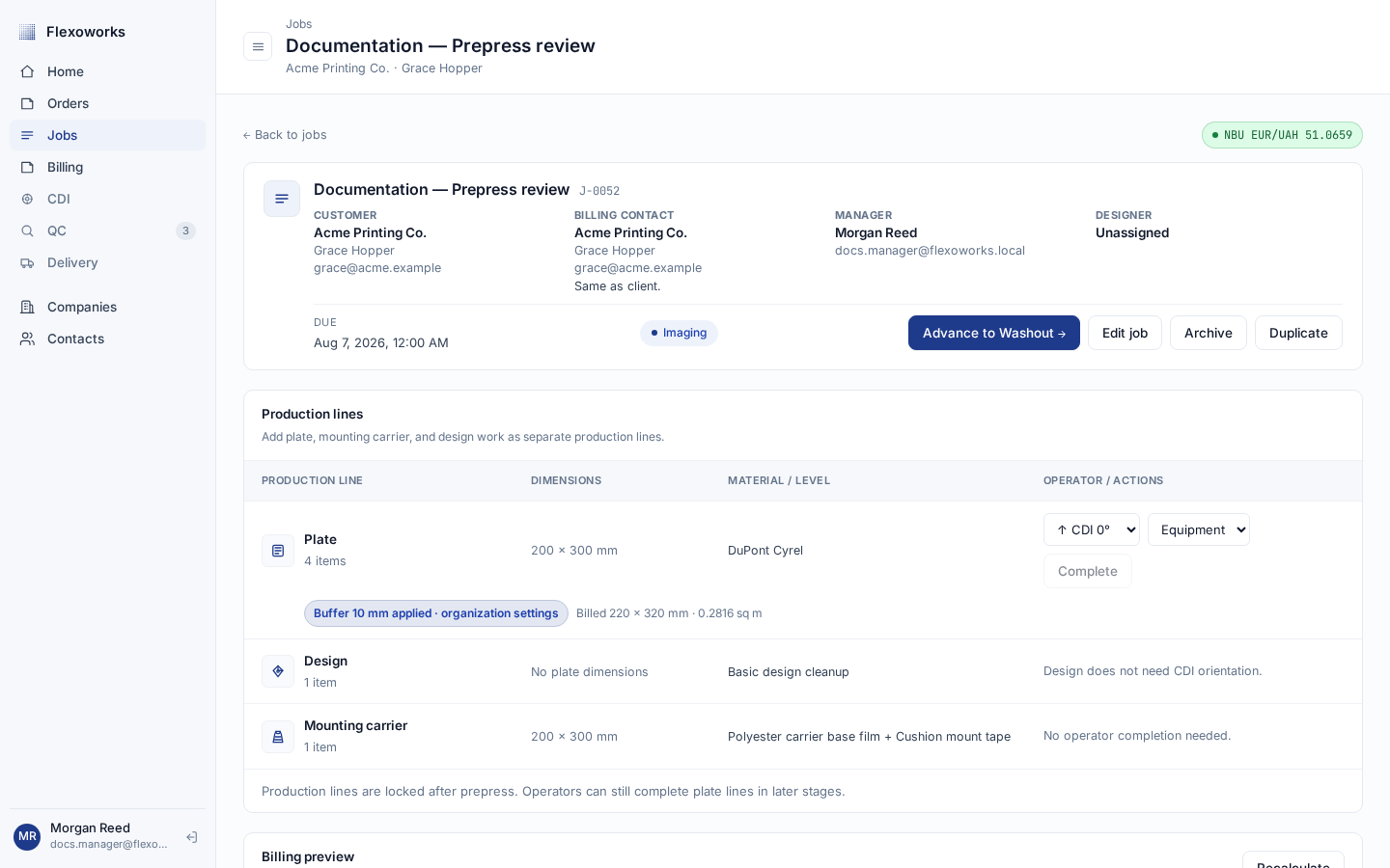 Approved job in Imaging with an Advance to Washout button