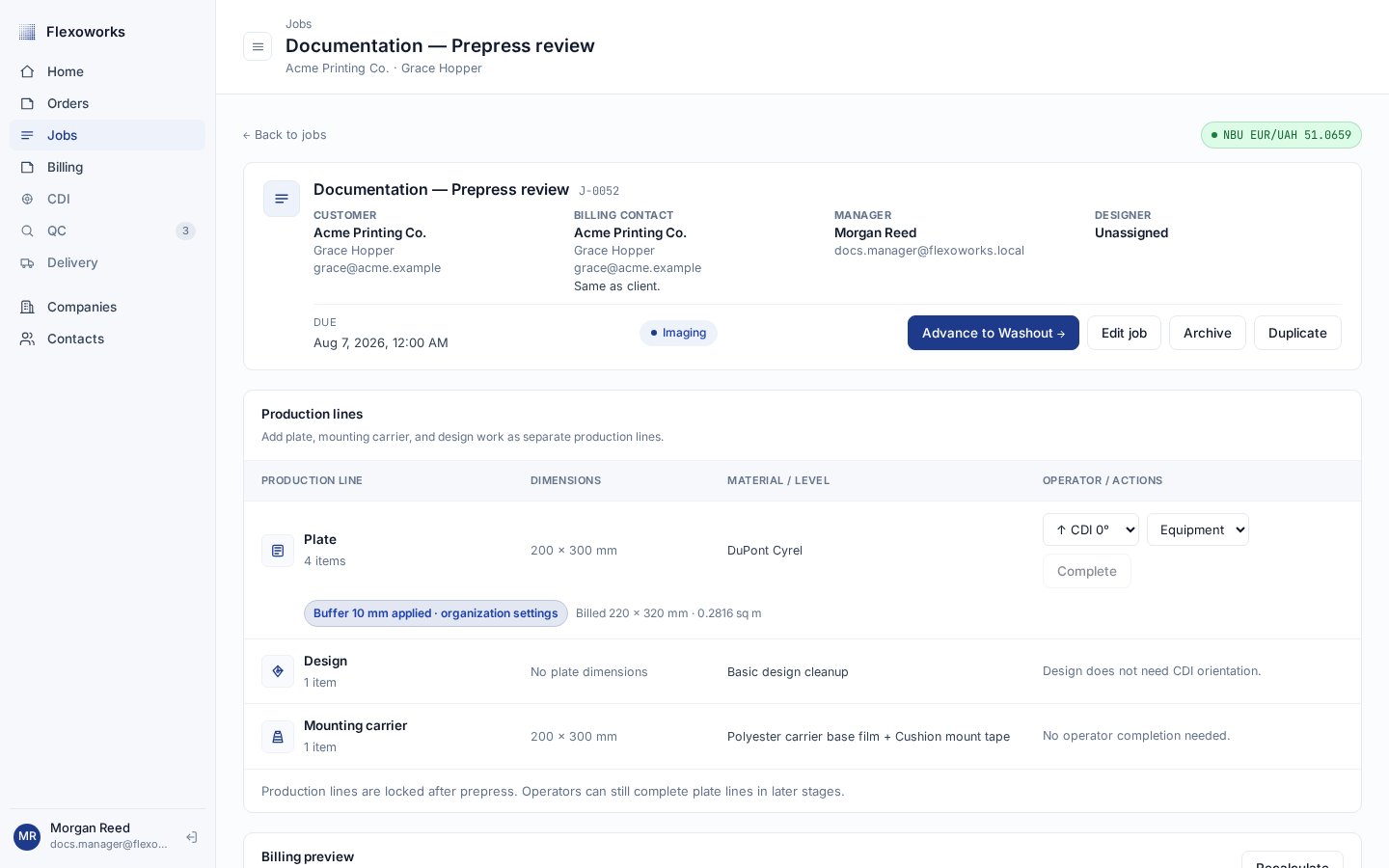 Approved job in Imaging with an Advance to Washout button