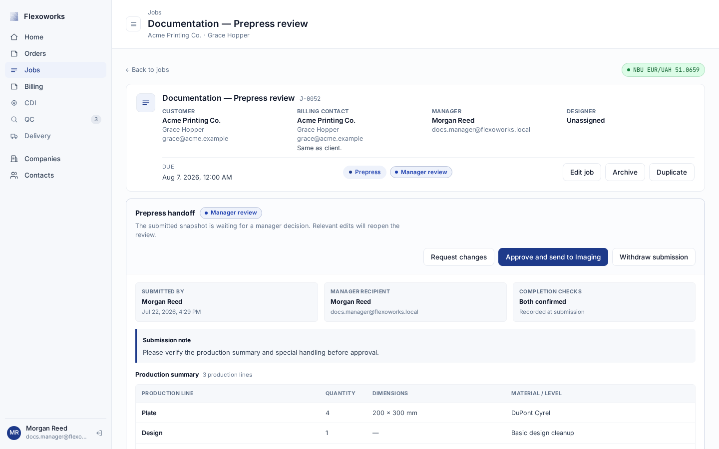 Prepress Manager review panel with Request changes and Approve and send to Imaging actions