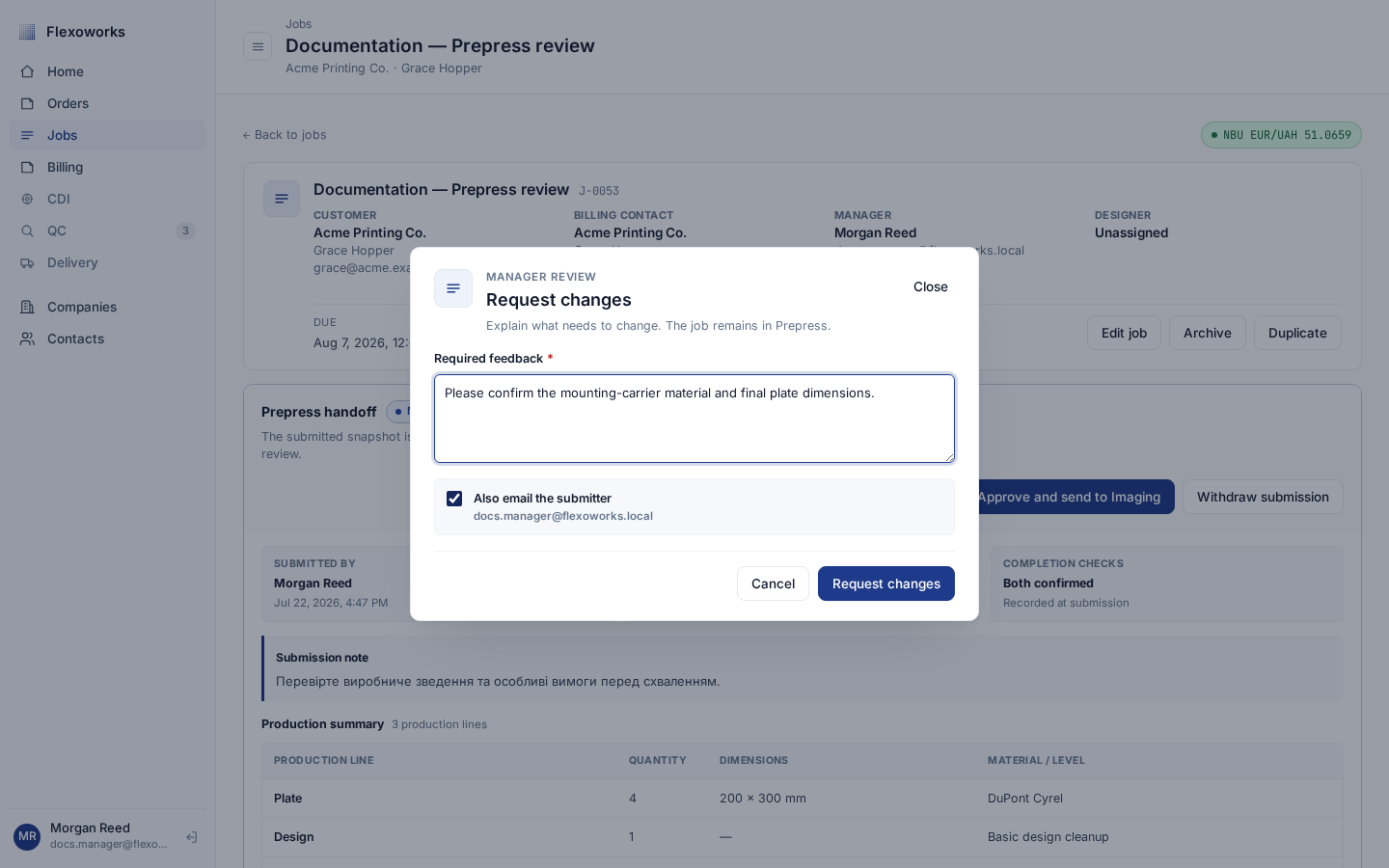 Request changes dialog with required feedback and optional email setting