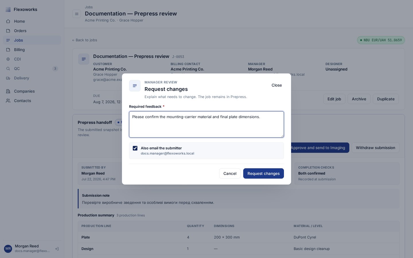Request changes dialog with required feedback and optional email setting
