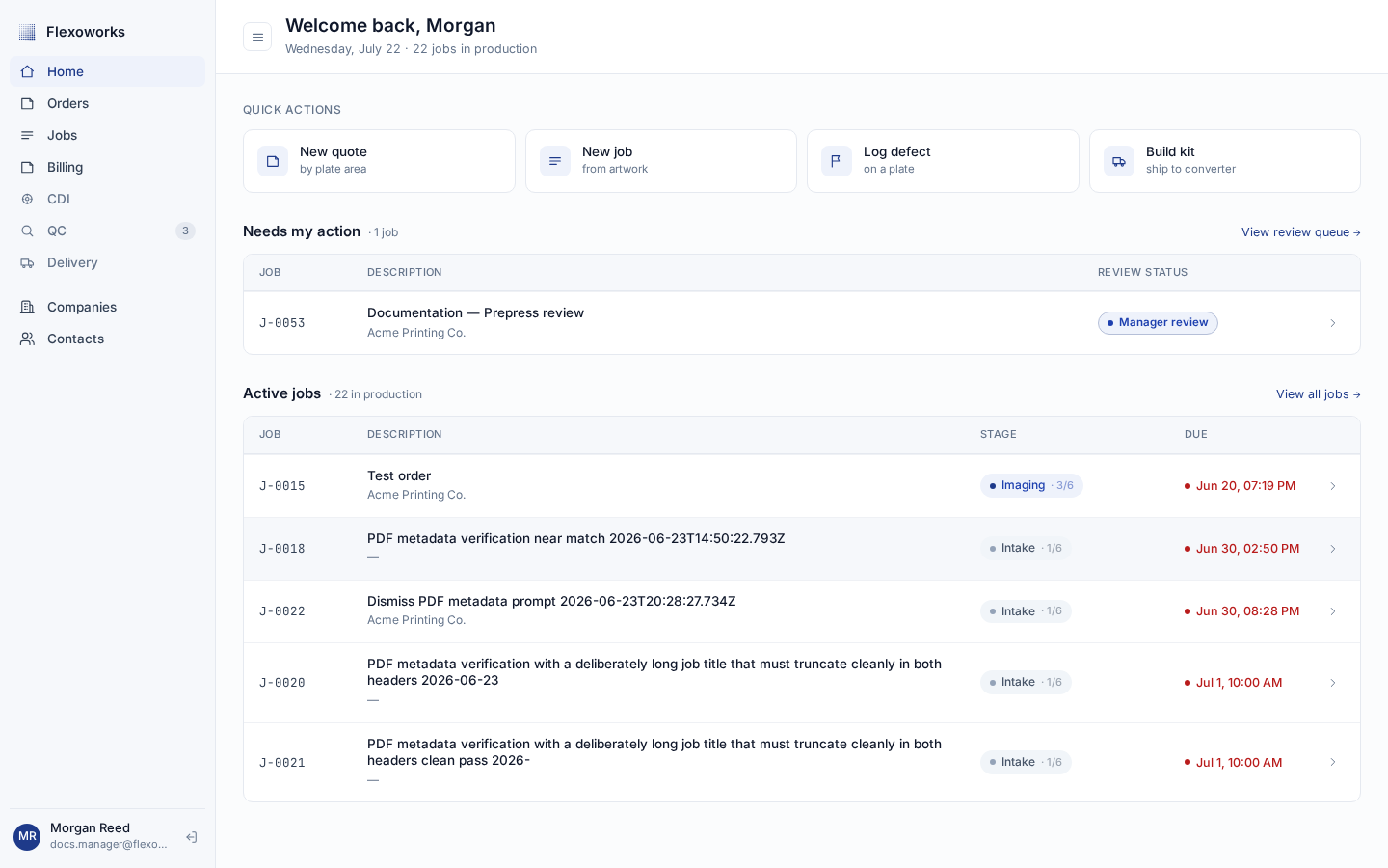 Flexoworks Home page with a Needs my action section containing one manager review