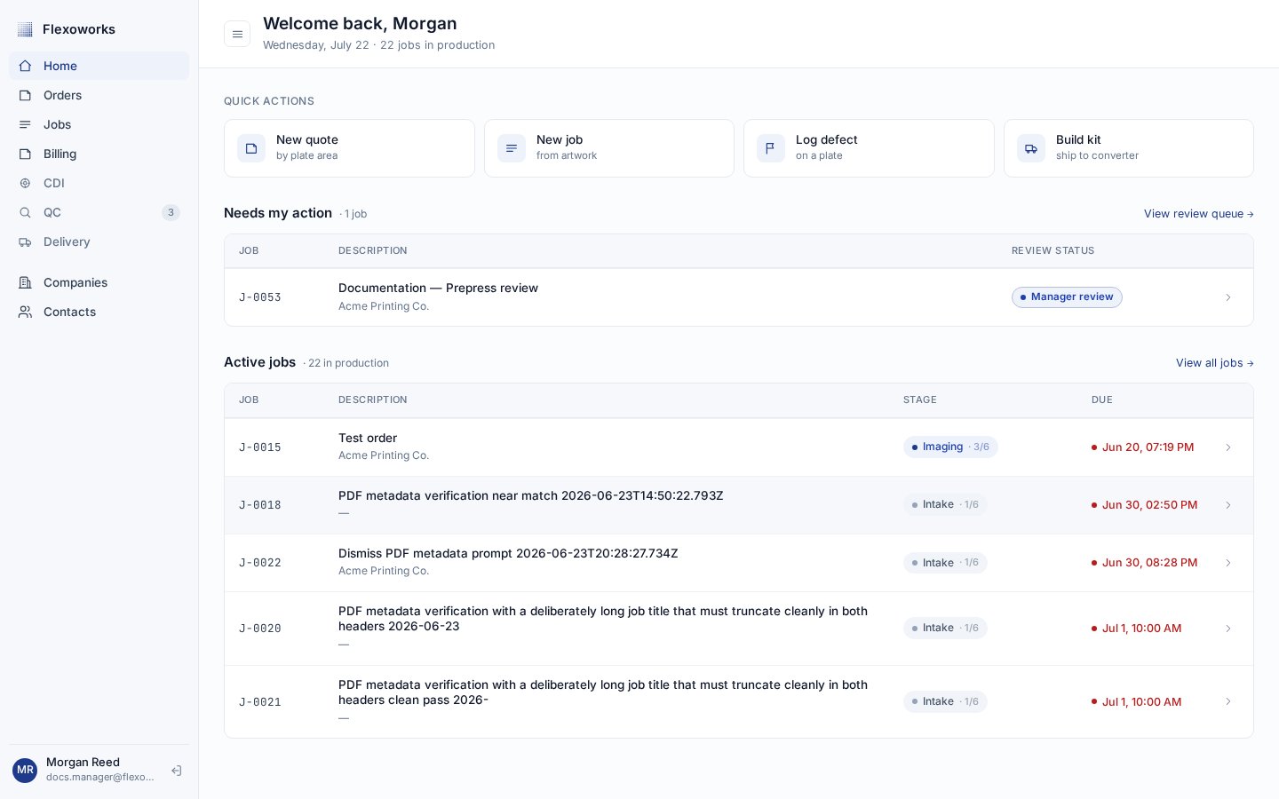 Flexoworks Home page with a Needs my action section containing one manager review