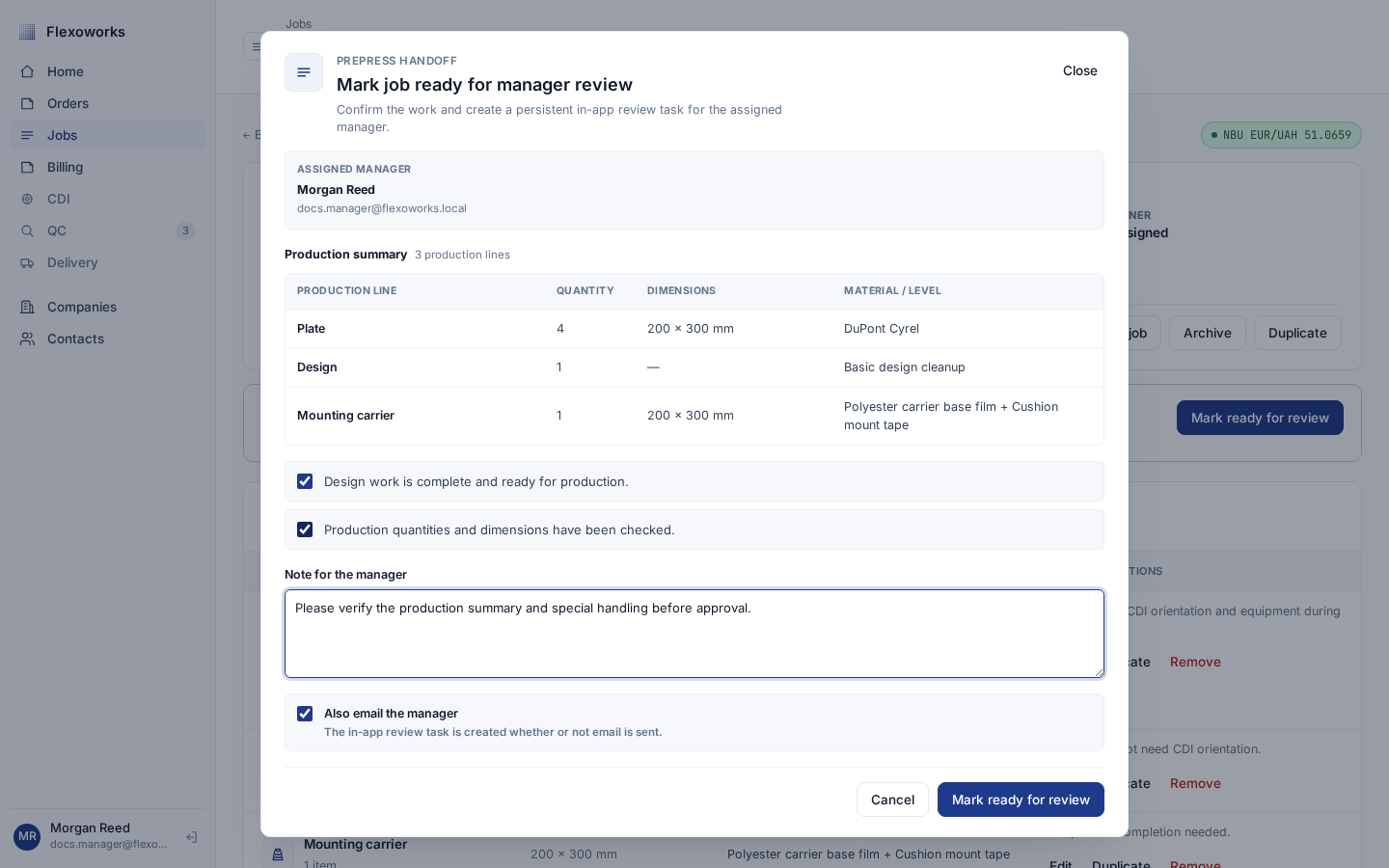 Mark job ready for manager review dialog with production summary and completion checks