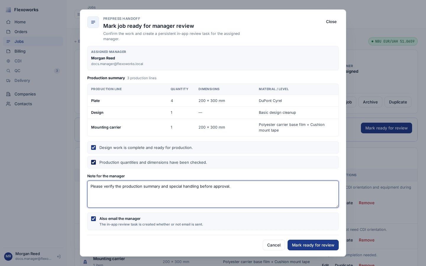 Mark job ready for manager review dialog with production summary and completion checks