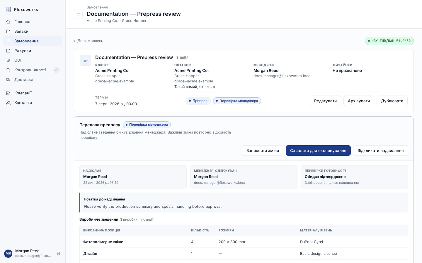 Панель перевірки менеджера з нотаткою, виробничим зведенням і кнопками «Запросити зміни» та «Схвалити для експонування»