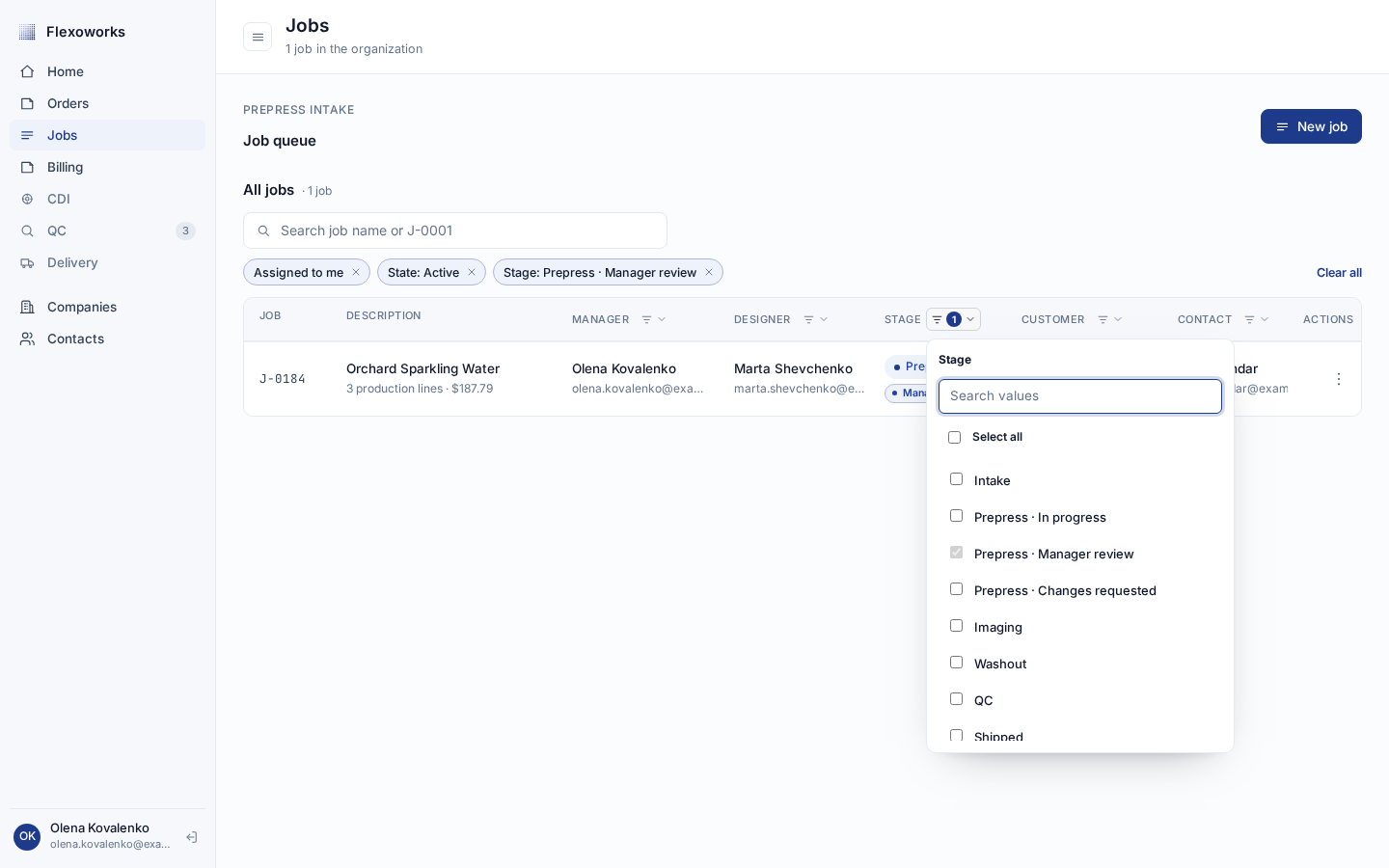Jobs page with the Stage checkbox filter open and Prepress Manager review selected