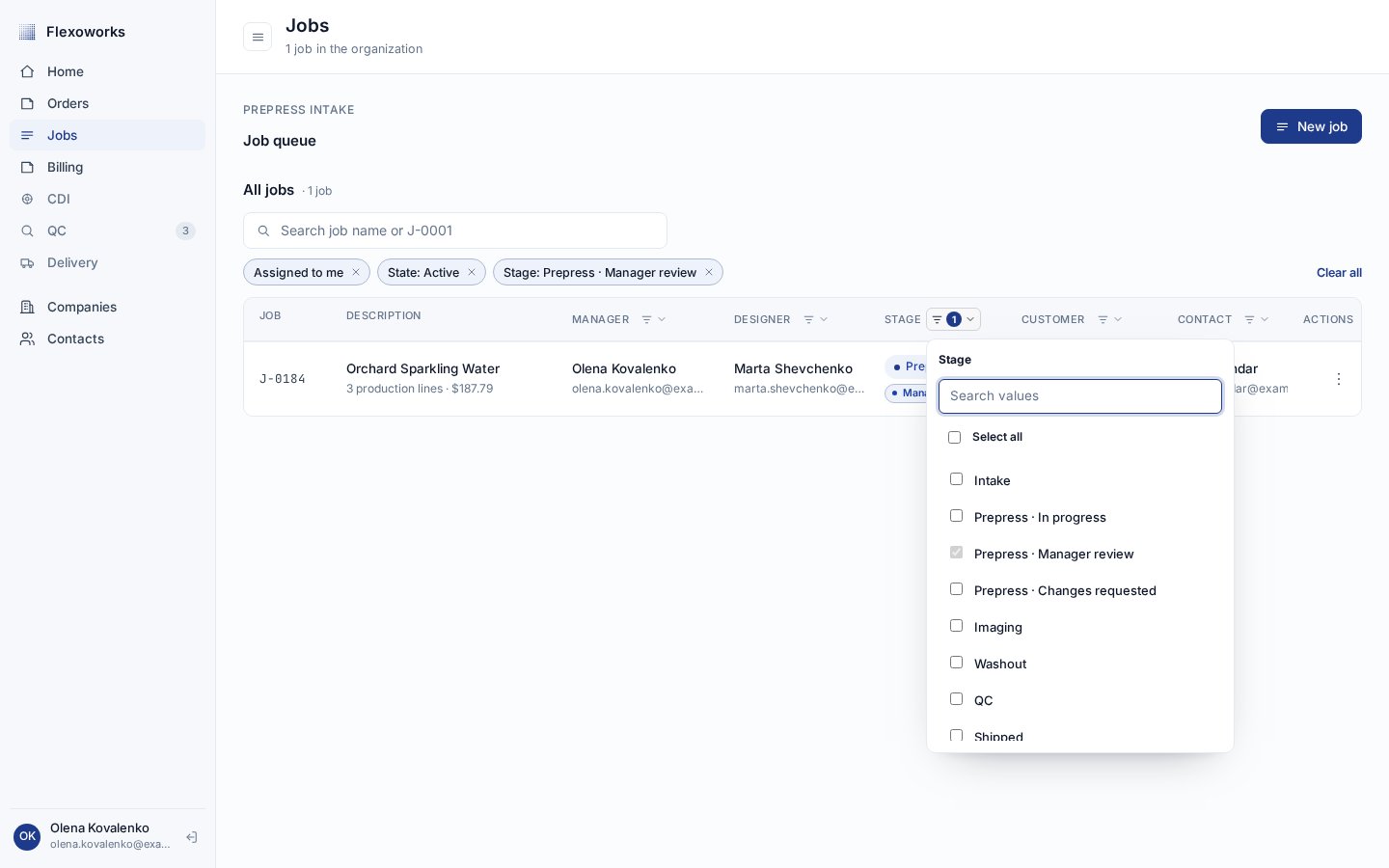 Jobs page with the Stage checkbox filter open, Prepress Manager review selected, and an Assigned to me filter pill