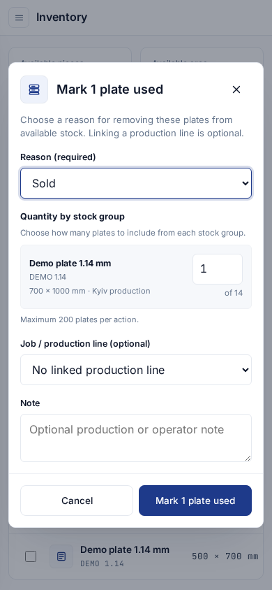 Mobile inventory form showing Sold as the required reason and an optional production line