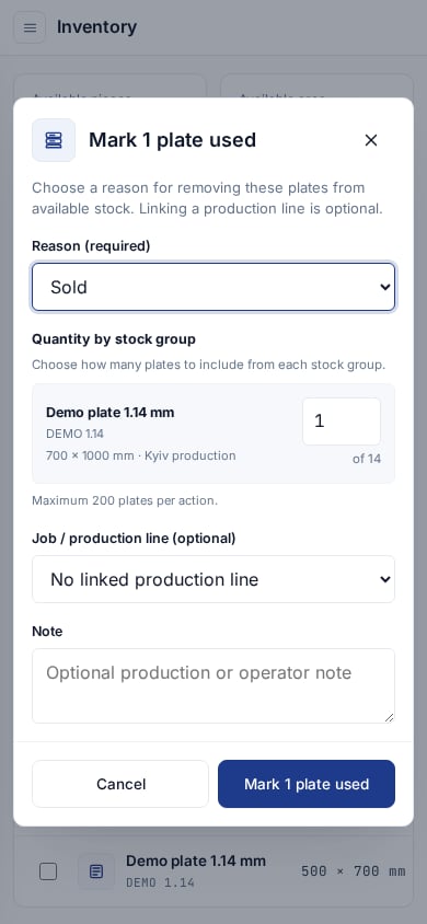 Mobile inventory form showing Sold as the required reason and an optional production line